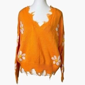 Just Polly Women's Retro Floral V-Neck Pullover Sweater